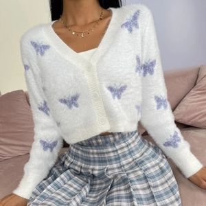 Butterfly Pattern Fluffy Knit Button Front Cardigan